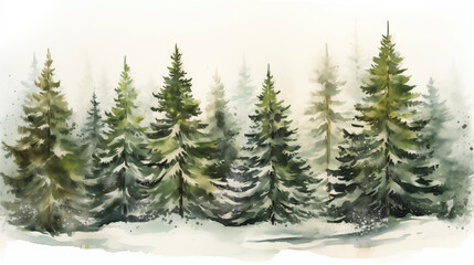 Fototapeta na wymiar Snowy Christmas Tree Forest, It's Snowing, Cartoon, Background