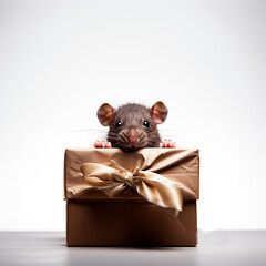Cute mouse, rat looks out of a gift box, a pet as a gift, love for animals, for advertising pet stores