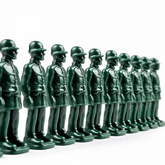 Many identical toy green soldiers in a row on a white background, the concept of militarization, army, weapons, military action
