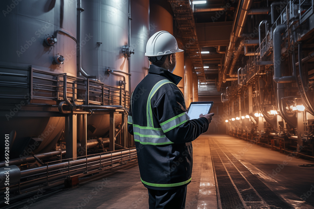 Poster an engineer in a hard hat with a tablet in his hands in the production workshop of an industrial ent