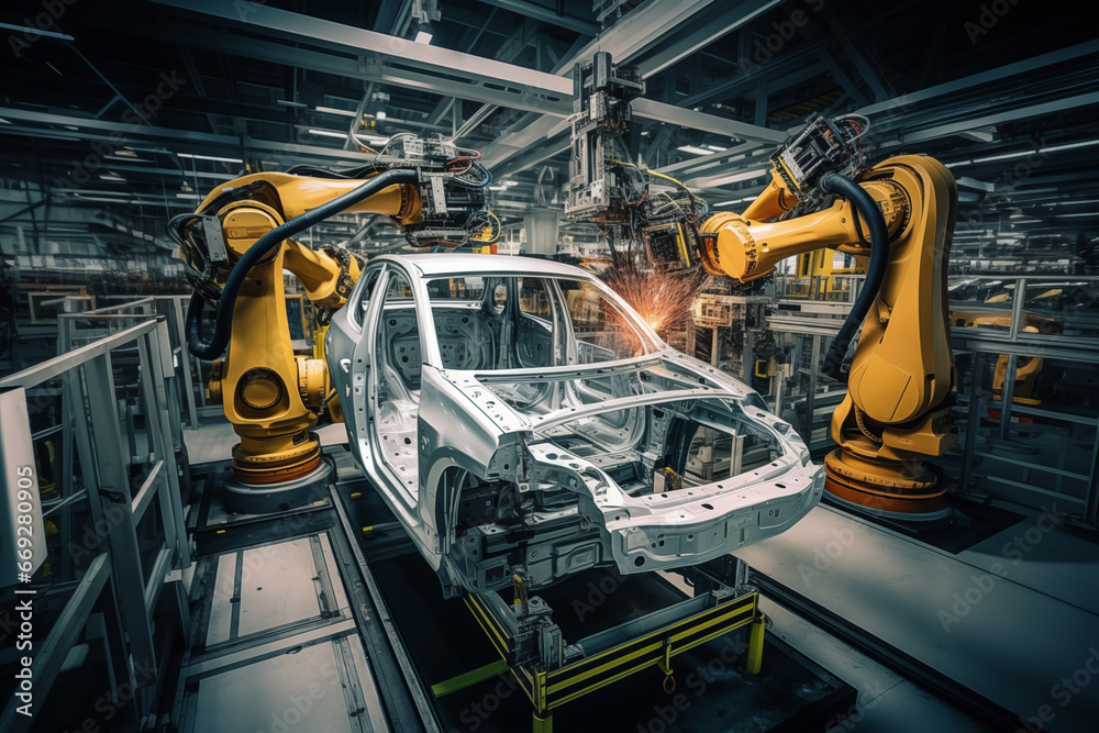 Poster Automatic robotic manipulator working in a modern automobile factory, production automation using robotics