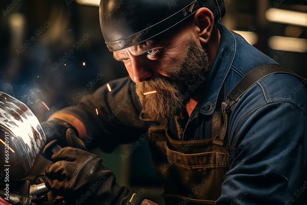 Poster a bearded mechanic of european appearance is sharpening a tool.