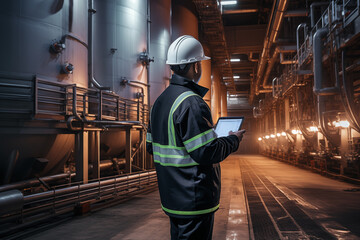 An engineer in a hard hat with a tablet in his hands in the production workshop of an industrial enterprise