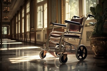 metal wheelchair for the elderly parked in the hallway of the residence