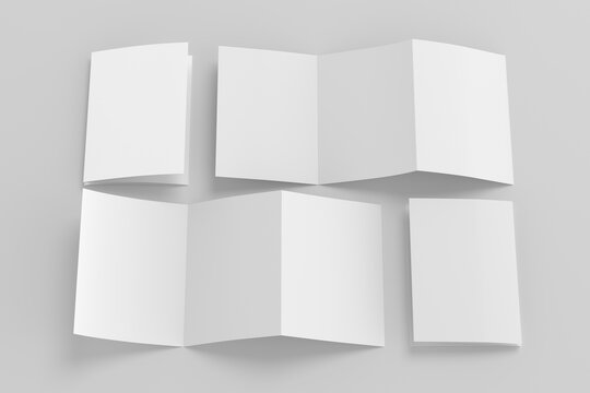 Vertical A5 pages accordion or zigzag trifold brochure mockup on white background. Three panels, six pages leaflet