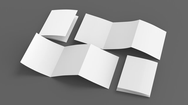 Vertical A5 pages accordion or zigzag trifold brochure mockup on gray background. Three panels, six pages leaflet