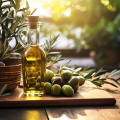 Bottle olive oil olives wooden tables green illustration picture AI generated art