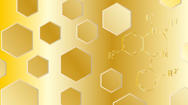 Golden hexagonal background with chemical formula of benzodiazepine