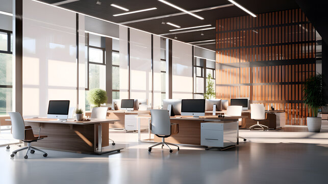 Beautiful photo of a clean and cozy office with big windows. Lots of sunlight creates a pleasant working atmosphere in a large open office space