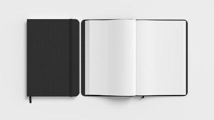 Black cover notebook and opened notebook mockup on white background