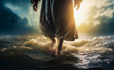 Jesus walks on water across the sea during a storm. Biblical theme concept. - obrazy, fototapety, plakaty