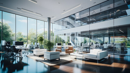 Beautiful photo of a clean and cozy office with big windows. Lots of sunlight creates a pleasant working atmosphere in a large open office space - obrazy, fototapety, plakaty