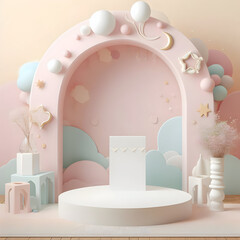 Podium Background with an Arch in Pastel Colors for Baby Shower