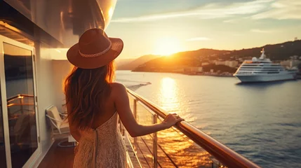 Photo sur Plexiglas Europe méditerranéenne Luxury cruise ship travel elegant tourist woman watching sunset on balcony deck of Europe Mediterranean cruising destination. 