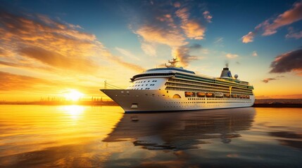 Luxury cruise ship leaving port at sunset, generative ai