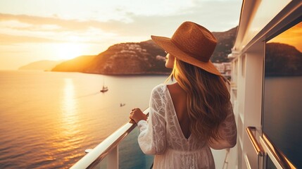 Luxury cruise ship travel elegant tourist woman watching sunset on balcony deck of Europe Mediterranean cruising destination.  - obrazy, fototapety, plakaty