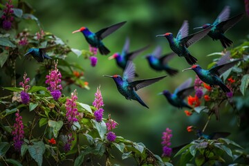 birds flying around beautiful violets