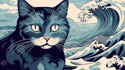 Cat portrait great wave kanagawa stock wallpaper image AI generated art
