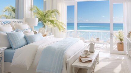 tranquil bedroom, seaside view, soothing white and blue color palett, copy space, 16:9