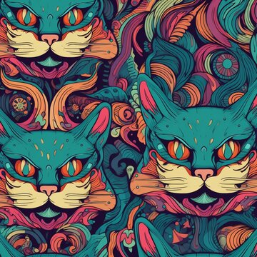 Cat wallpaper textile pattern psychedelic animal abstract image AI generated art