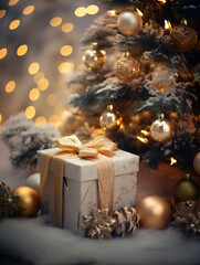 Golden christmas gift under a tree, numerous lights decorated ready to celebrate Christmas. New Year design Xmas tree candles and garland lighting indoors fireplace, modern pink beautiful view