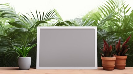 Mockup em, blank computer screen, on a concrete surface, with plants beside, copy space, 16:9