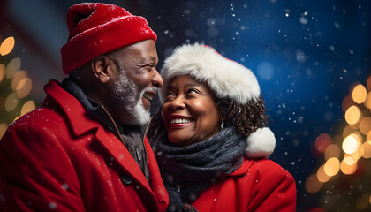 Romantic sweet senior African American couple hugging, Christmas tree, smiling while celebrating...