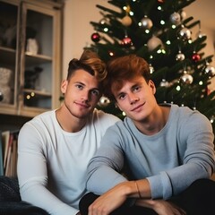 Fototapeta premium Adorable smiling young multiethnic LGBT couple hugging, having special warm moment together on Christmas holiday, gay male lover sitting on sofa in living room to celebrate new year's eve night, 23-24