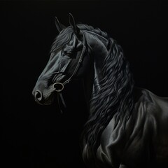 Cheval noir realiste black horse animal clair obscur illustration picture AI generated art