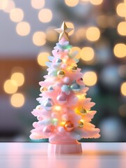 Pink artificial tree lighted with numerous lights decorated ready to celebrate Christmas. New Year room interior design Xmas candles and garland lighting indoors fireplace, modern pink beautiful view