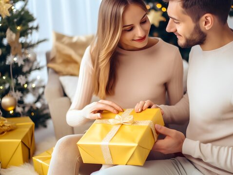Happy couple exchanging Christmas gift with red bow on background of christmas tree with lights. Stylish multiethnic lovers holding present close up in festive decorated room. Happy Holidays, at home