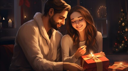 Illustration of couple exchanging Christmas gift with bow on background of christmas tree with lights. Stylish multiethnic lovers holding present close up festive decorated room. Holidays at home, art