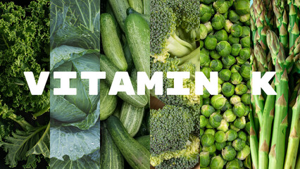White inscription "VITAMIN K" on a background of photos of most common food where you can find it