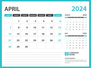 Monthly calendar template for 2024 year. April 2024 year, Week Starts on Sunday, Desk calendar 2024 design, Wall calendar, planner design, stationery, printing media, advertisement, vector