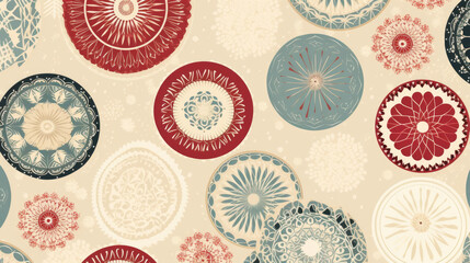 Simple Christmas seamless pattern with geometric motifs. Snowflakes and circles with different ornaments. Retro textile collection. On white background.