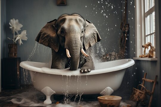 elephant bathing in a bathtub, the water splashes on the floor