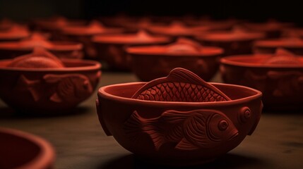 Naklejka na ściany i meble Clay bowls with small red fish sculptures comical illustration picture AI generated art