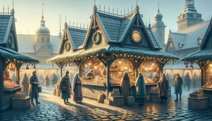 Obraz premium Ancient Christmas Market with Holiday Atmosphere