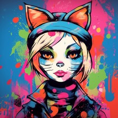 Colorful cat face create hand painted oil painting wallpaper image AI generated art