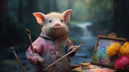 funny pig artist with pencil - obrazy, fototapety, plakaty