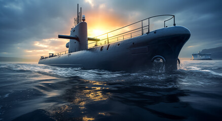 Naval submarine on open sea surface with cloudy sky. Sunset with Diesel Electric Submarine