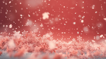 Fototapeta na wymiar Snow red background. Christmas snowy winter design. White falling snowflakes, abstract landscape. Cold weather effect. Magic nature fantasy snowfall texture decoration.