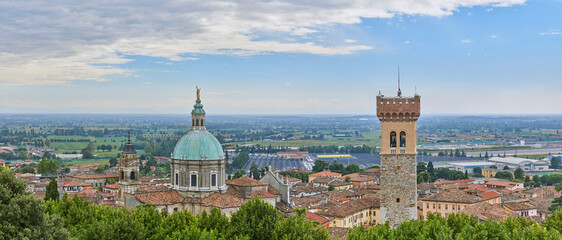 Panoramic view of Lonato del Garda, the Cathedral and the city tower (Torre civica).  - obrazy, fototapety, plakaty
