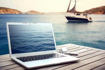 blank laptop on a wooden table