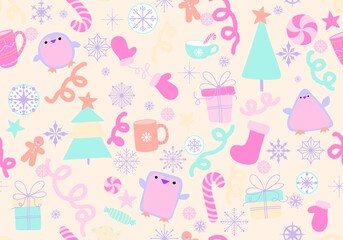 Christmas animals seamless penguin and gloves and snowflakes and tree and toys pattern for wrapping paper