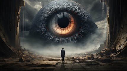 man standing in front of a giant eye