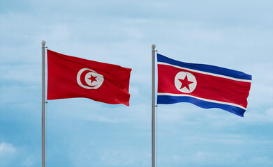 North Korea and Tunisia flags, country relationship concept