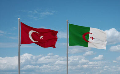 Turkey and Algeria national flags, country relationship concept