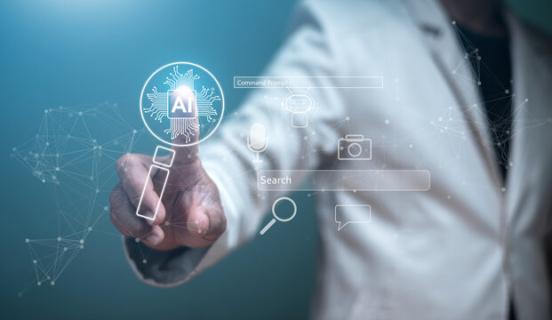 Searching for information in technology with AI systems concept, Businessman pointing at magnifying glass icon with AI search engine for data and connection internet global for analysis, Discovery.