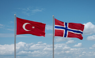 Norway and Turkey flags, country relationship concept